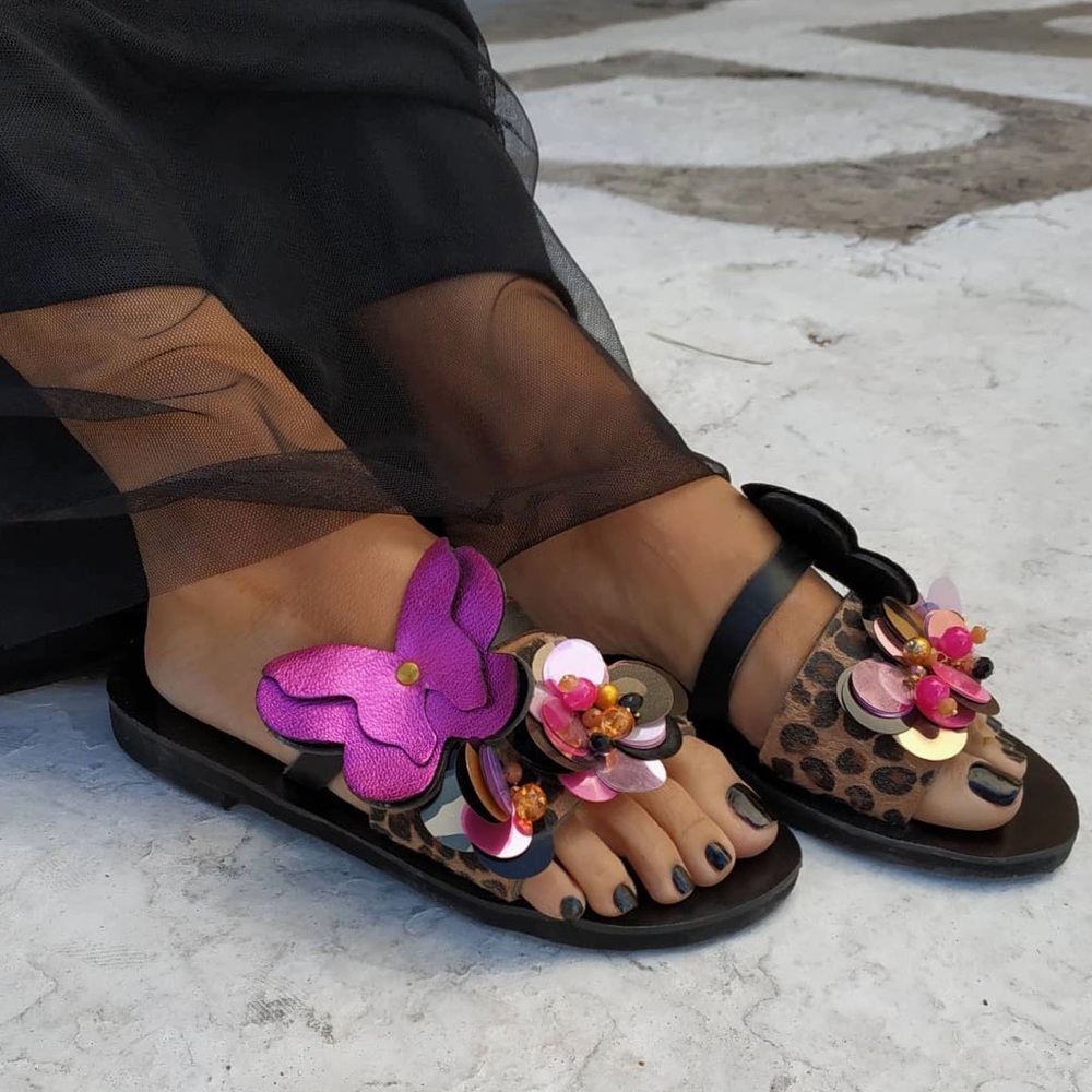 Made In Greece Elegant Black Leather and Metallic Pink Floral Beaded Sandals